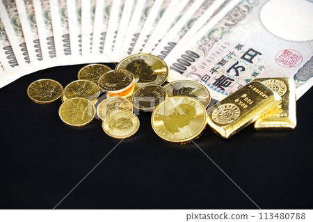 Co-existence of real assets such as gold coins and banknotes Co-existence of real assets such as gold coins and banknotes 113480788