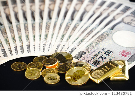 Co-existence of real assets such as gold coins and banknotes 113480791