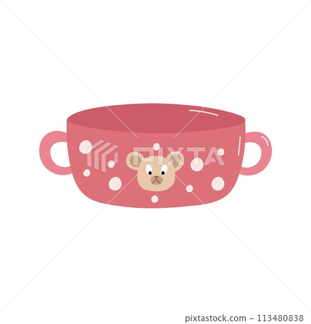 Childrens pink polka dot plate with bear face. Children tableware. Vector illustration. Childrens pink polka dot plate with bear face. Children tableware. Vector illustration. 113480838