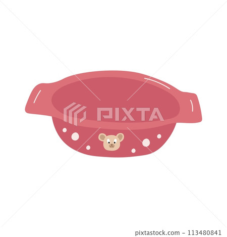 Childrens pink polka dot plate with bear face. Children tableware. Vector illustration. 113480841