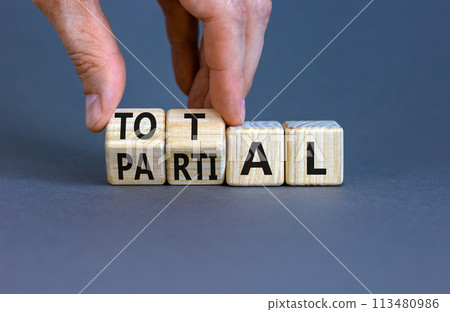 Total or partial symbol. Businessman turns beautiful wooden cubes and changes the word Partial to Total. Beautiful grey table grey background. Business and total or partial concept. Copy space. Total or partial symbol. Businessman turns beautiful wooden cubes and changes the word Partial to Total. Beautiful grey table grey background. Business and total or partial concept. Copy space. 113480986