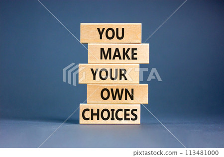 You make your own choice symbol. Concept words You make your own choice on wooden blocks. Beautiful grey table grey background. Business you make your own choice concept. Copy space. 113481000