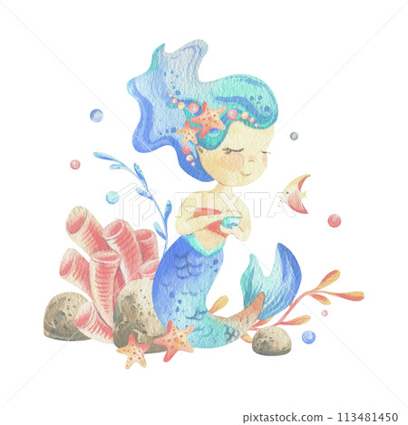 Mermaid is a little girl with long hair and a tail. Watercolor illustration hand drawn with pastel colors turquoise, blue, mint, coral. Composition isolated from background Mermaid is a little girl with long hair and a tail. Watercolor illustration hand drawn with pastel colors turquoise, blue, mint, coral. Composition isolated from background 113481450