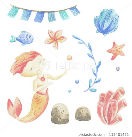 Mermaid is a little boy with fish, seashell, corals, algae, starfish. Watercolor illustration hand drawn with pastel colors turquoise, blue, coral, pink. Set of elements isolated from background Mermaid is a little boy with fish, seashell, corals, algae, starfish. Watercolor illustration hand drawn with pastel colors turquoise, blue, coral, pink. Set of elements isolated from background 113481451