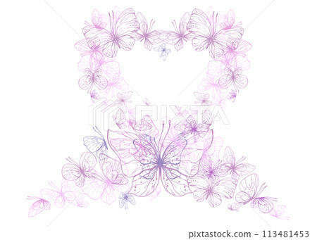 Butterflies are pink, blue, lilac, flying, delicate with wings and splashes of paint. Graphic illustration hand drawn in pink, lilac ink. heart shape frame, template EPS vector 113481453