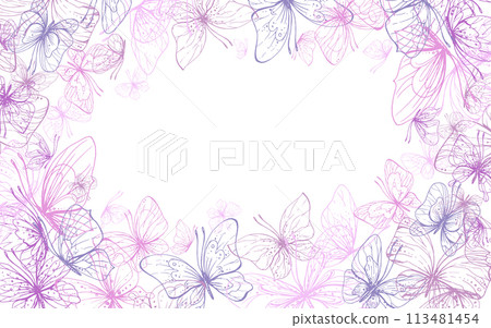 Butterflies are pink, blue, lilac, flying, delicate line art. Graphic illustration hand drawn in pink, lilac ink. Square frame, template EPS vector 113481454