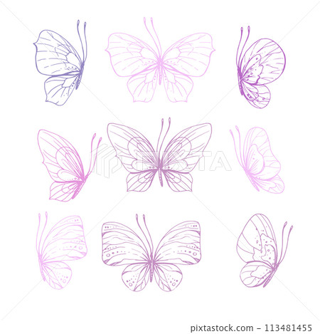 Butterflies are pink, blue, lilac, flying, delicate line art, clip art. Graphic illustration hand drawn in pink, lilac ink. Set of isolated objects EPS vector. 113481455