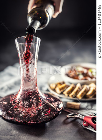 Red wine is poured from a bottle into a carafe on a table on which there is venison, Hungarian or Viennese goulash with Karlovy Vary dumplings 113481468