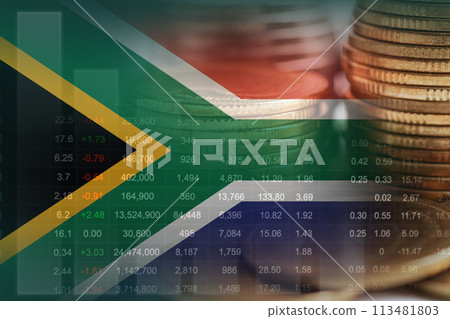 South Africa flag with stock market finance, economy trend graph digital technology. South Africa flag with stock market finance, economy trend graph digital technology. 113481803