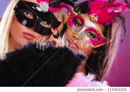 Two women with carnival venetian masks Two women with carnival venetian masks 113481832