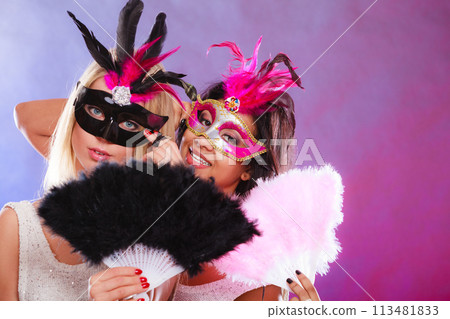 Two women with carnival venetian masks Two women with carnival venetian masks 113481833