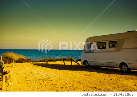 Camper car on beach, camping on nature 113481862