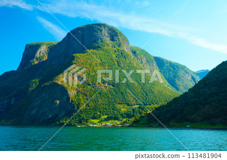 Tourism and travel. Mountains and fjord in Norway. 113481904
