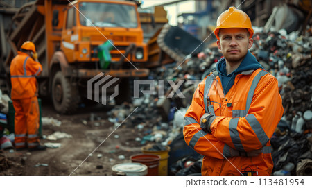 A team of Caucasian male garbage collectors is helping to collect trash in the city. 113481954