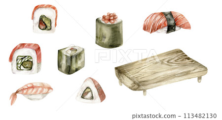 Sushi set with sashimi with salmon, rolls with caviar, sushi with fish and wooden plate watercolor illustration. Hand drawn food clip art for restaurant, lavel, cafe, menu design. Sea food collection Sushi set with sashimi with salmon, rolls with caviar, sushi with fish and wooden plate watercolor illustration. Hand drawn food clip art for restaurant, lavel, cafe, menu design. Sea food collection 113482130