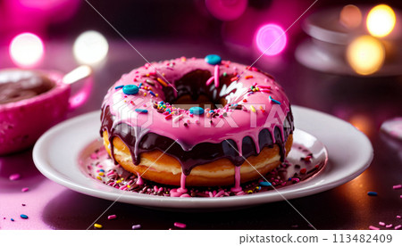 The donut is covered in chocolate and pink icing that drips from it and sprinkled with colored powder. Lying on a white plate on a pink table and background. Close up The donut is covered in chocolate and pink icing that drips from it and sprinkled with colored powder. Lying on a white plate on a pink table and background. Close up 113482409