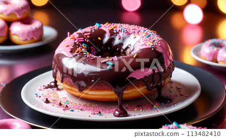 The donut is covered in chocolate and pink icing that drips from it and sprinkled with colored powder. Lying on a white plate on a pink table and background. Close up 113482410