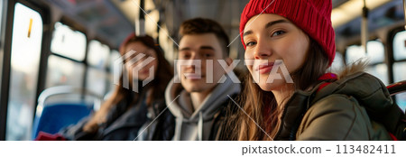 Caucasian people traveling on a bus. 113482411