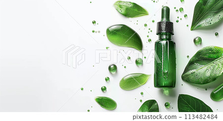 Eco cosmetics. Cosmetic bottle with green leaf closeup, isolated on white background 113482484