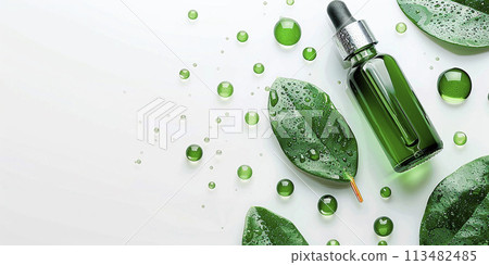 Eco cosmetics. Cosmetic bottle with green leaf closeup, isolated on white background 113482485