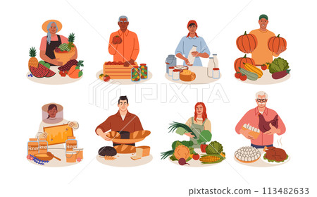 Farmers local market. Farm food. People selling eco grocery. Gardeners at counters. Apiary honey. Fresh fruit and vegetables. Poultry meat and eggs. Dairy product. Small business sellers vector set 113482633