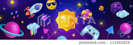 Space background. 3d game isolated elements, videogame planet and rocket, cartoon galaxy, metaverse render, joystick in sky, cosmos, cosmic banner, shape moon and sun vector cartoon style illustration Space background. 3d game isolated elements, videogame planet and rocket, cartoon galaxy, metaverse render, joystick in sky, cosmos, cosmic banner, shape moon and sun vector cartoon style illustration 113482659