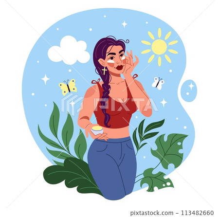 Dehydration of heat. Exhaustion heatstroke woman. Summer sun sunburn. Female body care. Girl applies sunscreen lotion. SPF skin cream. Exposure dehydrating. Hot sunny weather. Vector tidy illustration 113482660