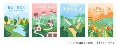 Flower background. Forest village, mountain abstract background. Spring poster, tree, geometric park texture. Watercolor plant, house farm, field summer. Countryside scenery. Vector garish flat set Flower background. Forest village, mountain abstract background. Spring poster, tree, geometric park texture. Watercolor plant, house farm, field summer. Countryside scenery. Vector garish flat set 113482674
