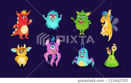 Monster set. Cute alien. Kid character cartoon style animals, mascot logo. Funny creature, toy little silly, game design isolated happy mutants, sweet crazy eyes comic smile. Vector tidy illustration 113482705