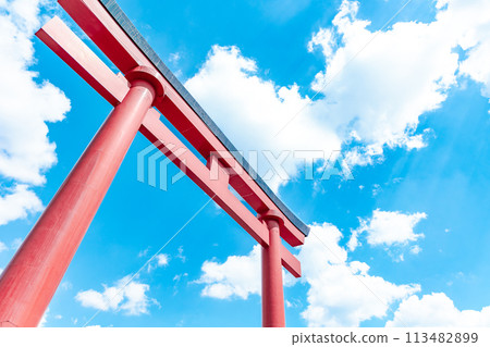 明亮的鳥居高聳於藍天之上 113482899