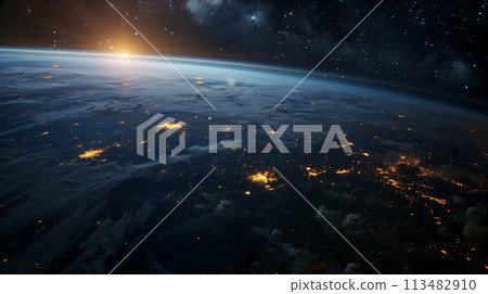 Satellite view The world is dark and there is light from buildings. Satellite view The world is dark and there is light from buildings. 113482910