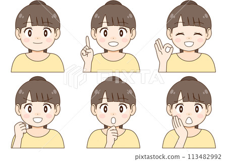 A set of six different expressions and poses of a young woman with a ponytail A set of six different expressions and poses of a young woman with a ponytail 113482992