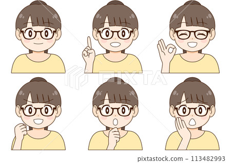 A set of six different expressions and poses of a young woman with glasses and a ponytail A set of six different expressions and poses of a young woman with glasses and a ponytail 113482993