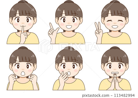 A set of six different expressions and poses of a young woman with a ponytail 113482994