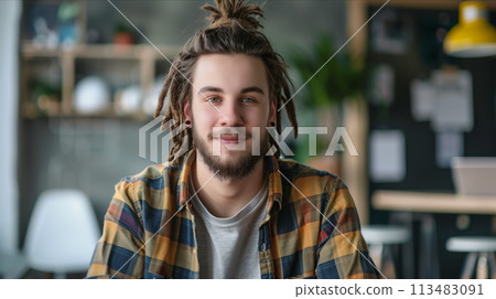 Caucasian male designer wearing casual clothes working in the office. 113483091