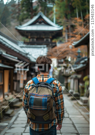 Rear view of a young man carrying a backpack to tour the temple. 113483146