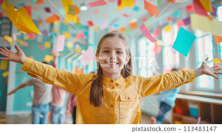 Caucasian girl smiling happily at classroom party. Caucasian girl smiling happily at classroom party. 113483147