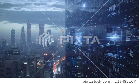 AI Ethics and Governance. Screens hover over city showing AI ethics for equitable tech 113483167