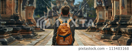 Rear view of a young man carrying a backpack to tour the temple. Rear view of a young man carrying a backpack to tour the temple. 113483168
