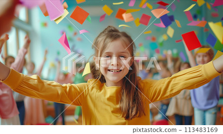 Caucasian girl smiling happily at classroom party. 113483169