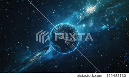 AI Ethics and Governance. Digital brain orbits planet, showing AI's global ethical impact 113483180