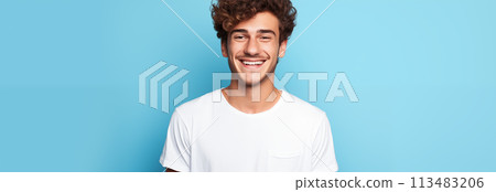 Caucasian man wearing a t-shirt on a blue background. 113483206