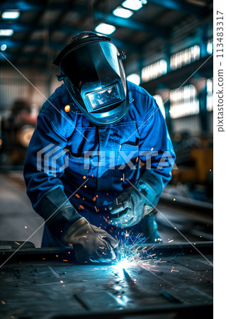 Male worker in uniform welding iron in factory. 113483317