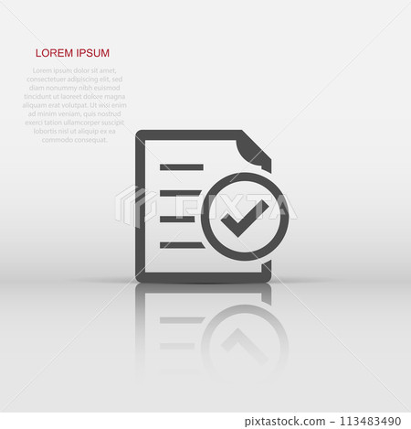 Compliance document icon in flat style. Approved process vector illustration on white isolated background. Checkmark business concept. 113483490