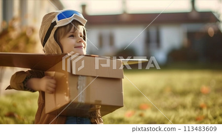 Caucasian boy playing with airplane made of cardboard in the park. Caucasian boy playing with airplane made of cardboard in the park. 113483609