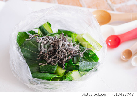 塑膠袋中輕醃的小松菜和鹽漬海帶 113483748