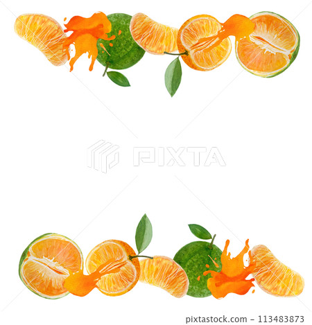 Green orange tangerine and color splash vibrant watercolor frame isolated on white, hand drawn for food design. Great for packages, wrapping paper, posters, cafe menu, organic food ads, textile 113483873