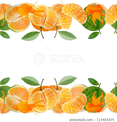 Green orange mandarine and color splash watercolor seamless border isolated on white, hand drawn for food design. Great for packages, wrapping paper, posters, cafe menu, organic food ads, textile 113483875