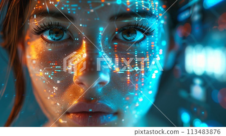 A woman with a glowing face and eyes surrounded by lights, AI 113483876