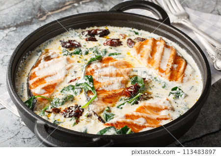 Marry Me Salmon smothered in a buttery, creamy sun-dried tomato spinach sauce closeup in the pan. Horizontal 113483897